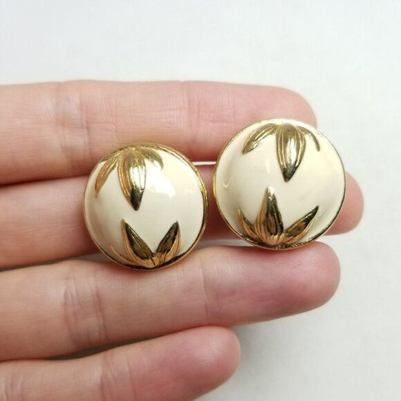Vintage Cream Enamel and Gold Tone Dome Clip On Earrings, 80s Style, Estate - Picture 2 of 6